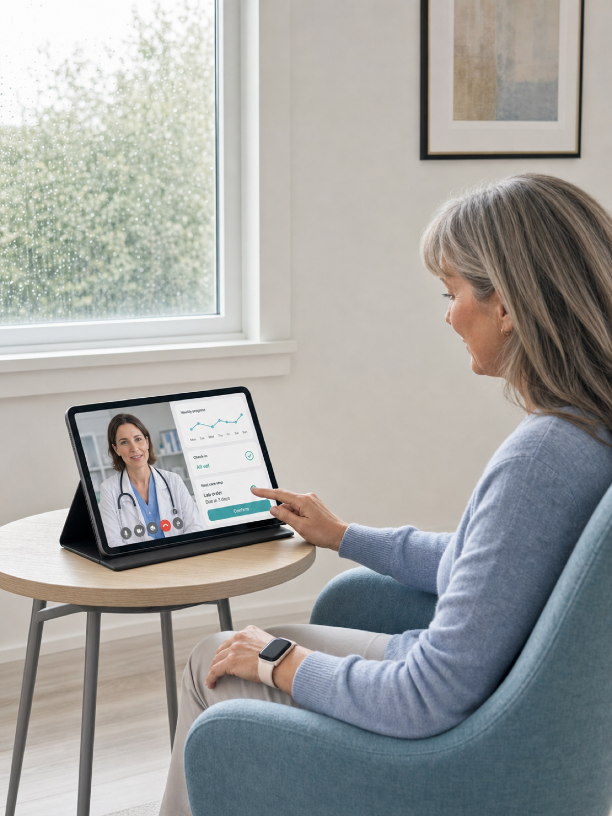 Patientin nutzt Tablet für Videosprechstunde mit Ärztin