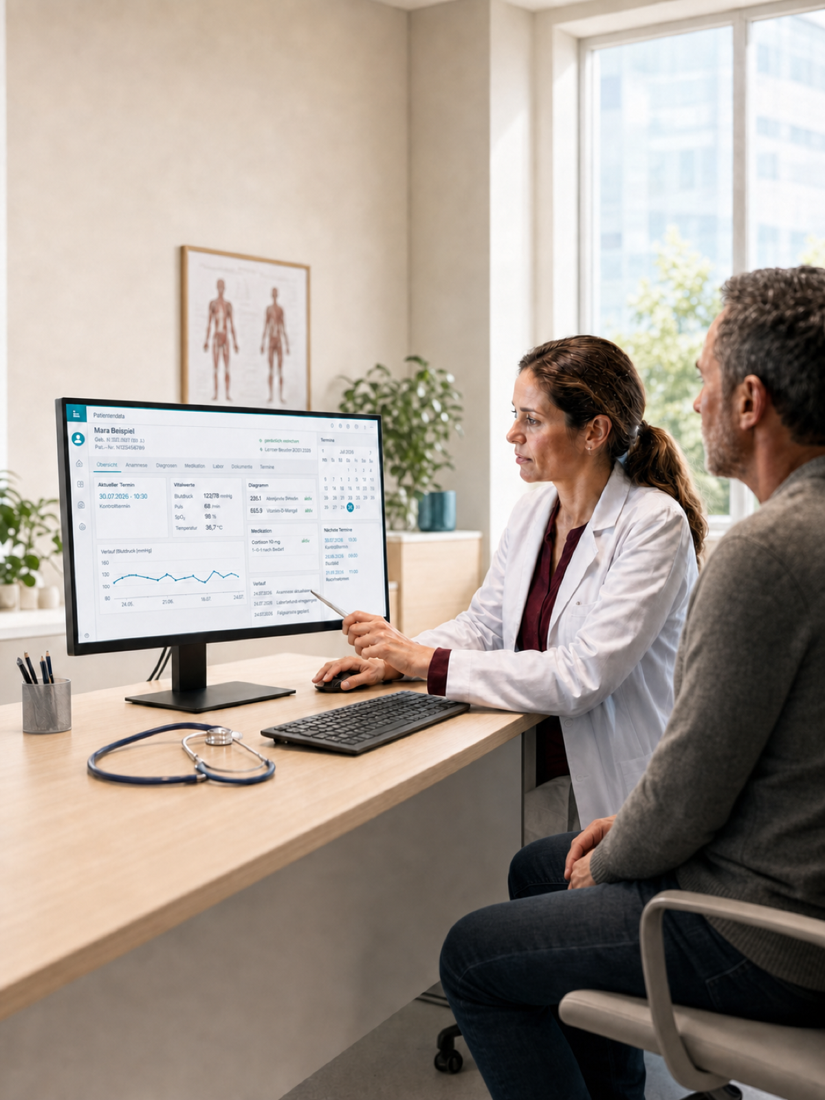 Ärztin zeigt Patienten Praxissoftware-Dashboard am Monitor