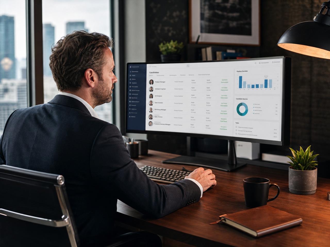 Recruiter prüft Kandidatenprofile auf einem großen Monitor
